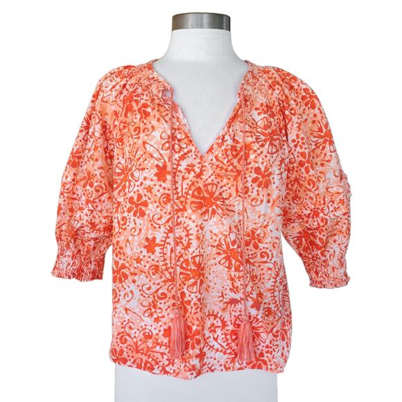 MARIE OLIVER Lara Top Orange Floral Print Boho Chic Preppy Tasseled Cotton Small - Picture 2 of 8